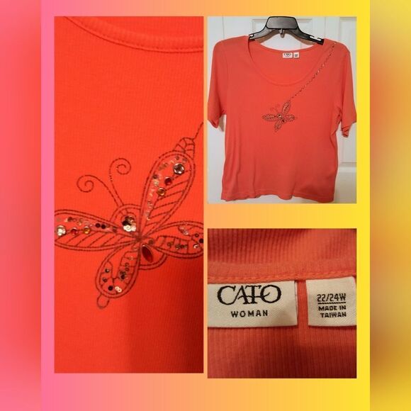 #446 CATO Orange Top with Embroidered butterfly,Sz. 3X - Picture 1 of 6